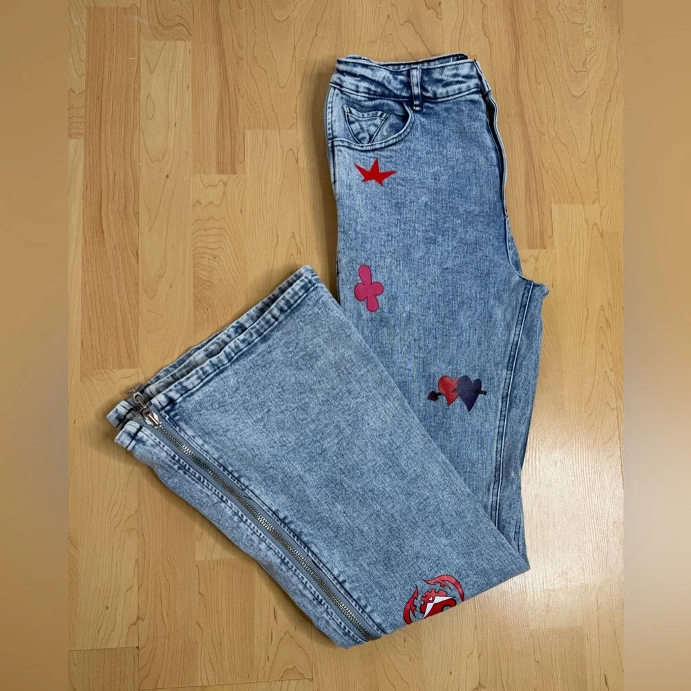 VEES Y2K Patchwork Flare Jeans Side Zipper Bell Bottom High Rise Festival - Picture 4 of 12
